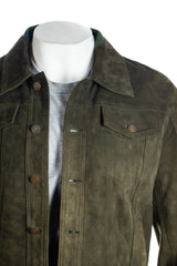 Men's Olive Denim Shirt Style Suede Jacket: Antonio