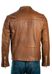 Men's Brown Slim Fit Leather Racer Jacket With Badges - Justin
