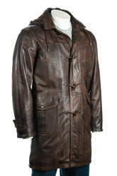 Men's Mottled 3/4 Traditional Duffle Style Leather Coat Jacket with Detachable Hood: Alejandro