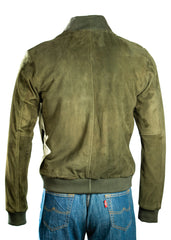 Men's Olive Green Rib-Knit Collar Suede Bomber: Benedict
