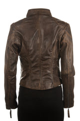 Ladies Antique Brown Slim Fit Biker Style Leather Jacket: Ella