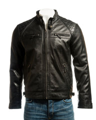 Men's Black Diamond Shoulder Biker Style Leather Jacket: Geronimo
