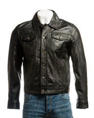 Men's Black Denim Shirt Style Leather Jacket: Antonio