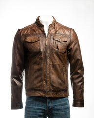 Men's Antique Brown Classic Pocketed Leather Jacket: Renato