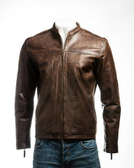 Men's Antique Brown Simple Collarless Zipped Leather Jacket: Mario