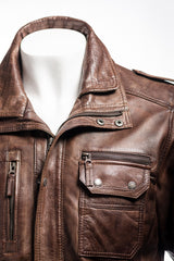 Men's Antique Brown Double-Collared Leather Coat: Pasquale