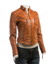 Ladies Antique Tan Slim Fit Biker Style Leather Jacket: Ella