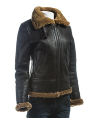 Ladies Brown and Ginger Straight Zip Sheepskin Flight Jacket With Detachable Hood - Torvi