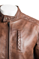 Men's Brown Slim Fit Racer Style Leather Jacket With Shoulder Detail: Silvano
