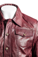 Men's Burgundy Denim Shirt Style Leather Jacket: Antonio
