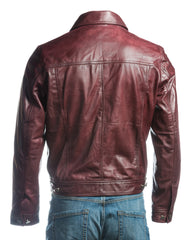 Men's Burgundy Denim Shirt Style Leather Jacket: Antonio