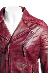 Men's Burgundy Vintage Look Biker Style Leather Jacket: Placido