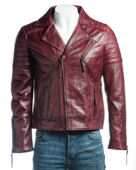 Men's Burgundy Vintage Look Biker Style Leather Jacket: Placido