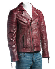 Men's Burgundy Vintage Look Biker Style Leather Jacket: Placido