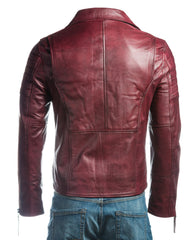 Men's Burgundy Vintage Look Biker Style Leather Jacket: Placido