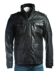 Men's Black Mid Length Leather Jacket With Double Collar Shoulder Stitch Detail: Orlando