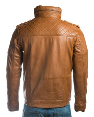 Men's Cognac Mid Length Leather Jacket With Double Collar Shoulder Stitch Detail: Orlando