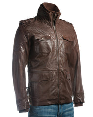 Men's Brown Mid Length Leather Jacket With Double Collar Shoulder Stitch Detail: Orlando