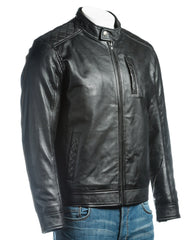 Men's Black Slim Fit Racer Style Leather Jacket With Shoulder Detail: Silvano