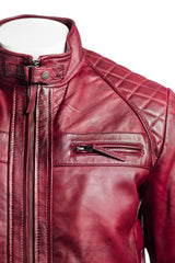 Men's Burgundy Diamond Shoulder Biker Style Leather Jacket: Geronimo