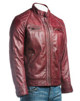 Men's Burgundy Diamond Shoulder Biker Style Leather Jacket: Geronimo