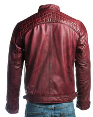 Men's Burgundy Diamond Shoulder Biker Style Leather Jacket: Geronimo
