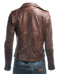 Ladies Brown Simple Asymmetric Biker Style Leather Jacket: Augusta