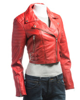 Ladies Red Cropped Leather Biker Style Jacket: Concetta