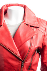 Ladies Red Belted Asymmetric Biker Style Leather Jacket: Aurora