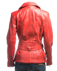 Ladies Red Belted Asymmetric Biker Style Leather Jacket: Aurora