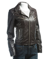 Ladies Black Symmetric Biker Style Leather Jacket: Camilla