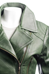 Ladies Bottle Green Belted Asymmetric Biker Style Leather Jacket: Aurora