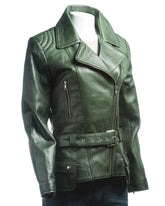 Ladies Bottle Green Belted Asymmetric Biker Style Leather Jacket: Aurora