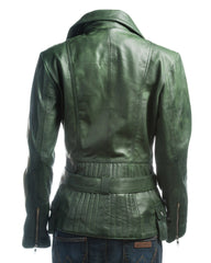 Ladies Bottle Green Belted Asymmetric Biker Style Leather Jacket: Aurora