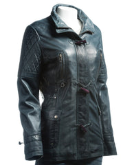 Ladies Navy Fitted Leather Parka Coat With Fur Trimmed Detachable Hood: Marina