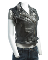Ladies Studded Biker Style Leather Waistcoat: Roma