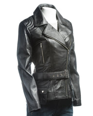 Ladies Black Belted Asymmetric Biker Style Leather Jacket: Aurora