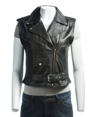 Ladies Black Brando Style Leather Waistcoat: Isabella