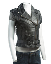 Ladies Black Brando Style Leather Waistcoat: Isabella