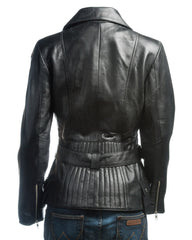 Ladies Black Belted Asymmetric Biker Style Leather Jacket: Aurora