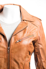 Ladies Antique Tan Symmetric Biker Style Leather Jacket: Camilla