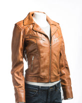 Ladies Antique Tan Symmetric Biker Style Leather Jacket: Camilla