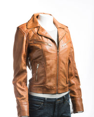Ladies Antique Tan Symmetric Biker Style Leather Jacket: Camilla