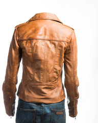 Ladies Antique Tan Symmetric Biker Style Leather Jacket: Camilla