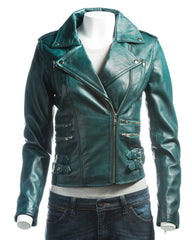 Ladies Teal Buckled Asymmetric Biker Style Leather Jacket: Angelica