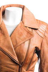 Ladies Antique Tan Belted Asymmetric Biker Style Leather Jacket: Aurora