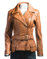 Ladies Antique Tan Belted Asymmetric Biker Style Leather Jacket: Aurora