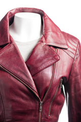 Ladies Burgundy Belted Asymmetric Biker Style Leather Jacket: Aurora