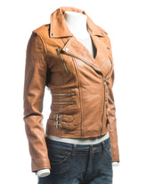 Ladies Tan Buckled Asymmetric Biker Style Leather Jacket: Angelica