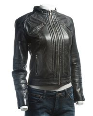 Ladies Black Pleated Front Biker Style Leather Jacket: Gloria